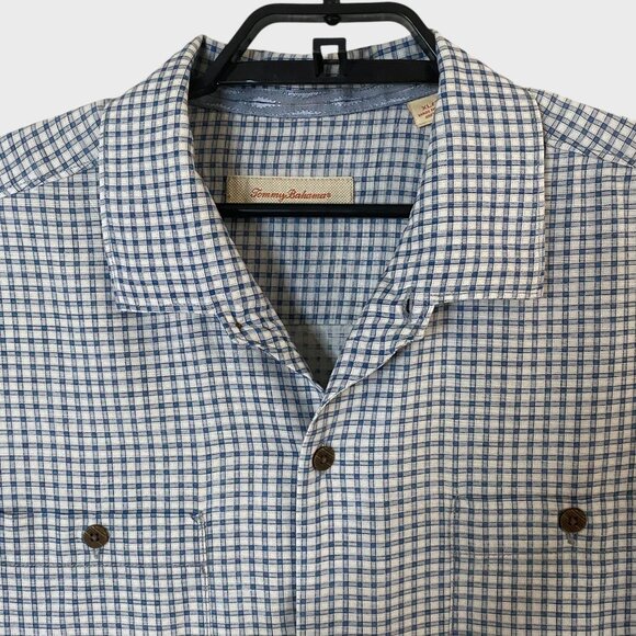 Tommy Bahama Checkered Plaid Short-Sleeve Button-Up Shirt Blue Mens XL 100% Silk - Picture 5 of 13